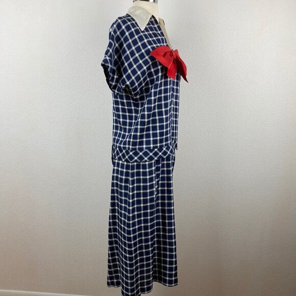 Vintage 60s Two-Piece Dress Straight Skirt Drop Waist Top Medium Blue Check Bow - Picture 8 of 11